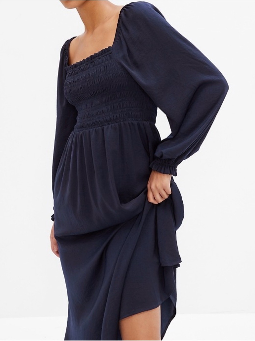 GAP Smocked Square-Neck Long Sleeve Navy Midi Dress (size M) - Picture 1 of 9